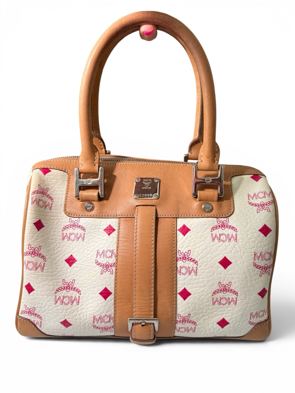 MCM Cream & Tan Boston Bag Satchel with Pink Visetos Logo Print